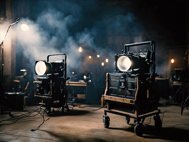 Photo professional lighting equipment on the movie set with smoke in the air