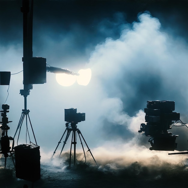 Photo professional lighting equipment on the movie set with smoke in the air