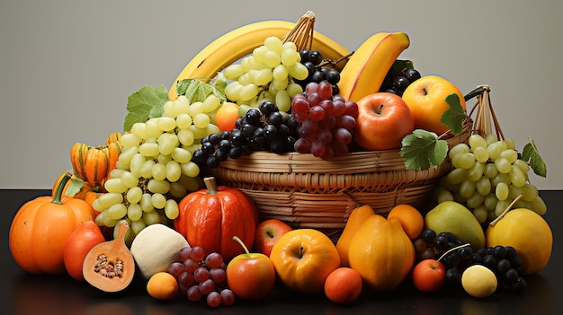 photo of pumpkin and some other fruit in a basket made of bamboo with white background