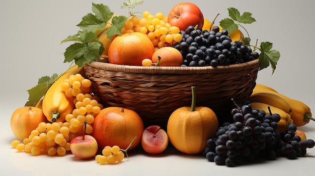 photo of pumpkin and some other fruit in a basket made of bamboo with white background