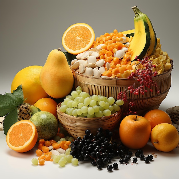 photo of pumpkin and some other fruit in a basket made of bamboo with white background