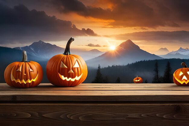 Photo of pumpkins and halloween accessories on a wooden background