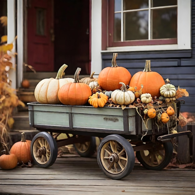 Photo photo pumpkins on a vintage wagon