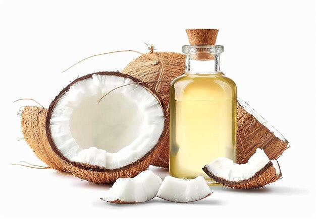 Photo photo of pure bottle of coconuts shells with coconut oil bottles on a table