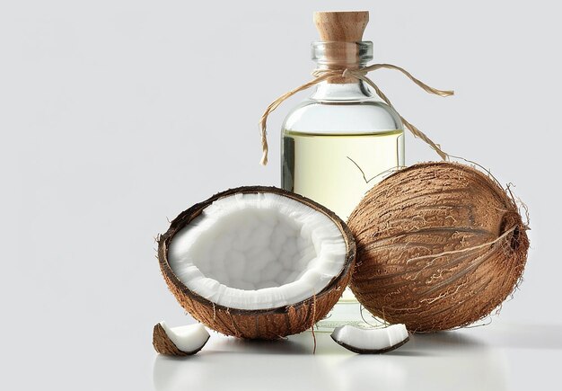 Photo photo of pure bottle of coconuts shells with coconut oil bottles on a table