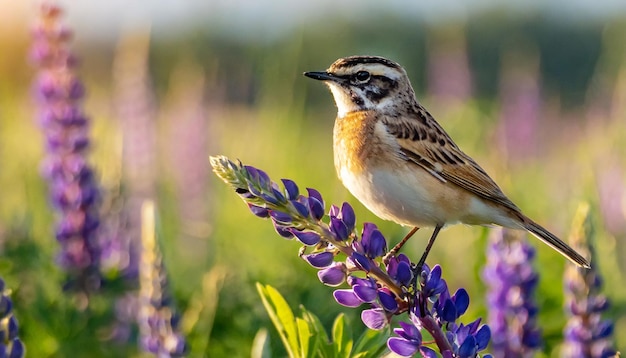 photo of a purple finch on lupine in a field under the sunlight