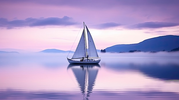 静かな湖で滑る紫と白の帆船の写真
