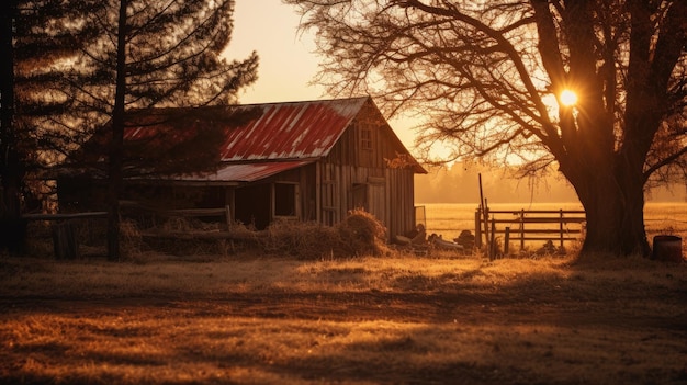 Photo a photo of a quaint country barn golden hour glow