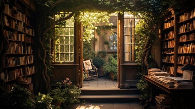 A photo of a quaint old bookstore with ivycovered walls