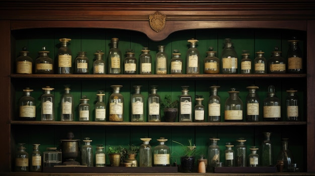 Photo a photo of a quaint vintage apothecary shelves of glass bottles backdrop