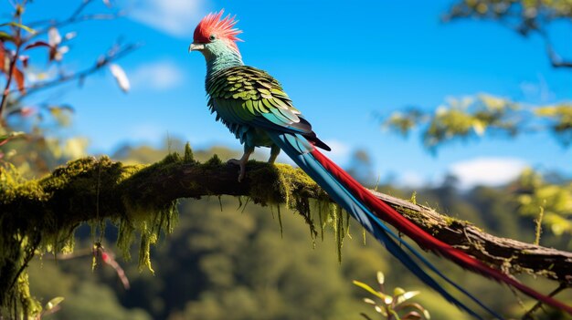 Photo of quetzal in ther forest with blue sky