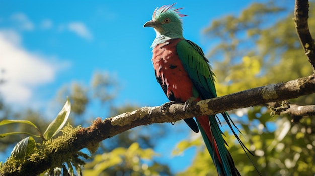 Photo of quetzal in ther forest with blue sky