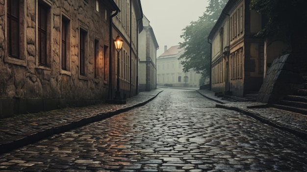 A photo of a quiet cobblestone street historic buildings in the background