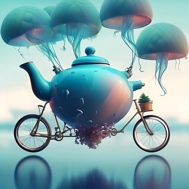 photo of a quirky fusion of a teapot and a bicycle