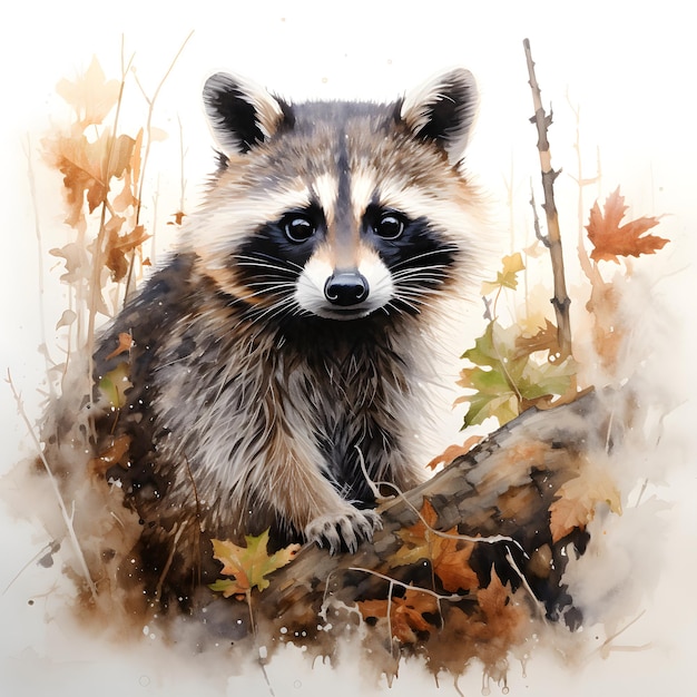 Photo of a raccoon perched on a tree branch in a serene nature setting