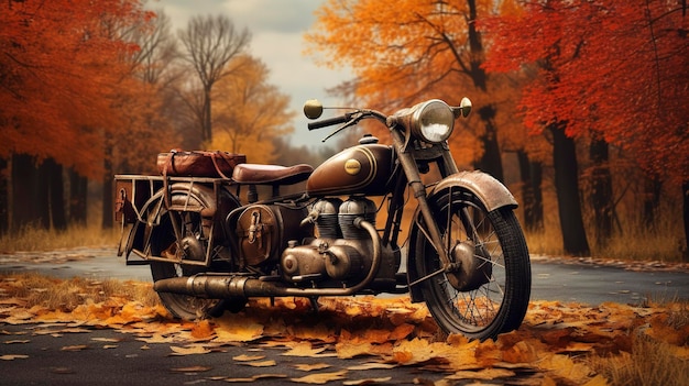 A photo of a racing bicycle and motorcycle in an autumn