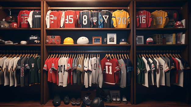 A photo of a rack filled with various sports jersey