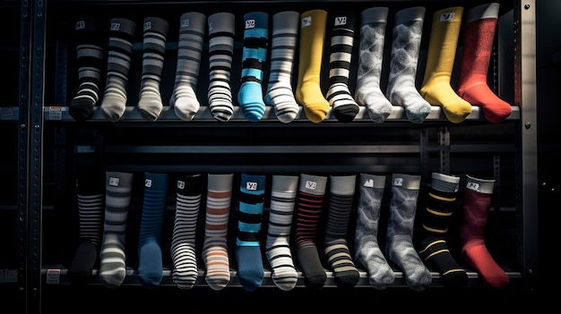 A photo of a rack of sports socks and compression