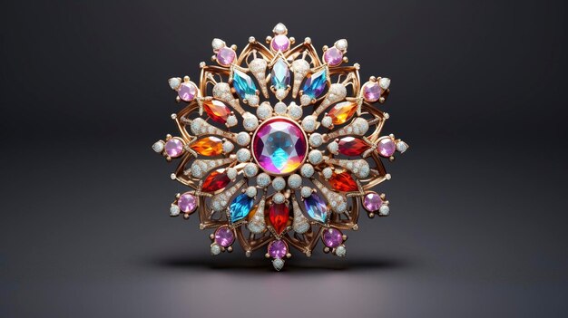 A photo of a radiant brooch with a burst of colorful gemstones