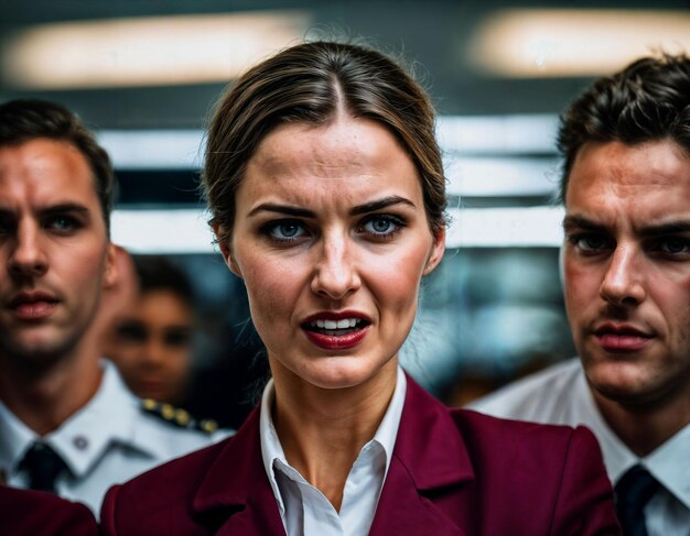 Photo photo of rage angry air hostess crew woman arguing the other with wound on face generative ai