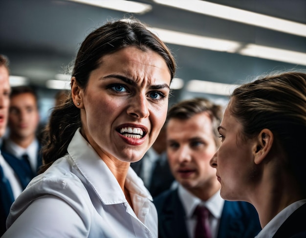 Photo of rage angry air hostess crew woman arguing the other with wound on face generative ai
