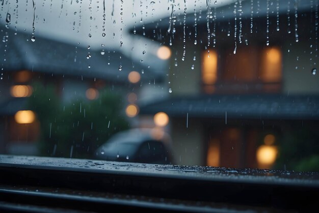 窓の外の雨の写真 ガラスの上の水滴 ボケ 暖かい気分