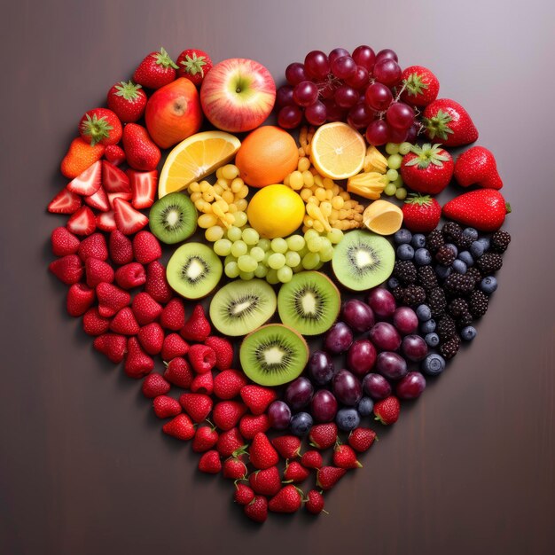 Photo rainbow heart of fruits studio isolated on dark background