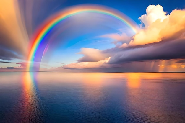 photo the rainbow over the sea near the snowy mountains