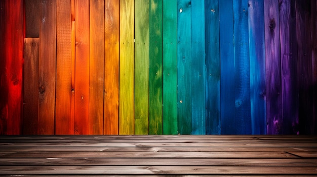 Photo of Rainbow wooden planks background Generative AI