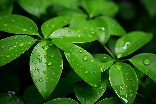 Photo of raindrops on vibrant green leaves nature background