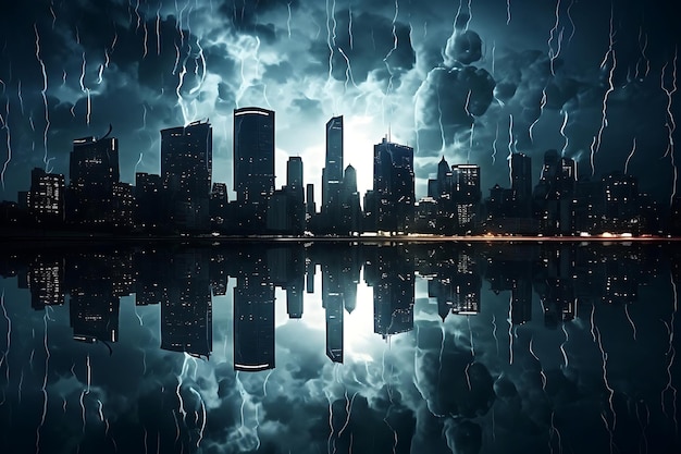 Photo photo of rainsoaked cityscape with reflections storm
