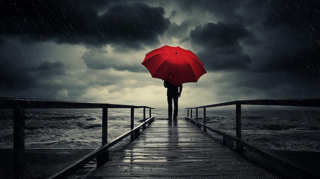 海や湖の後ろに傘をかぶった男性や女性が一人で雨の日を撮る写真