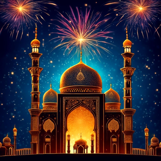 photo ramadan kareem eid mubarak royal elegant lamp with mosque holy gate with fireworks
