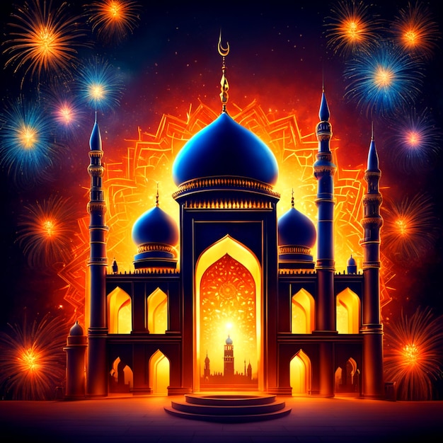 photo ramadan kareem eid mubarak royal elegant lamp with mosque holy gate with fireworks