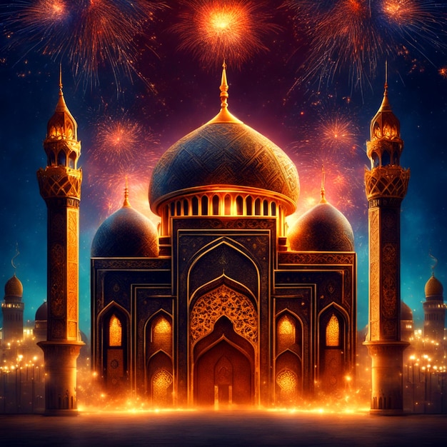 photo ramadan kareem eid mubarak royal elegant lamp with mosque holy gate with fireworks