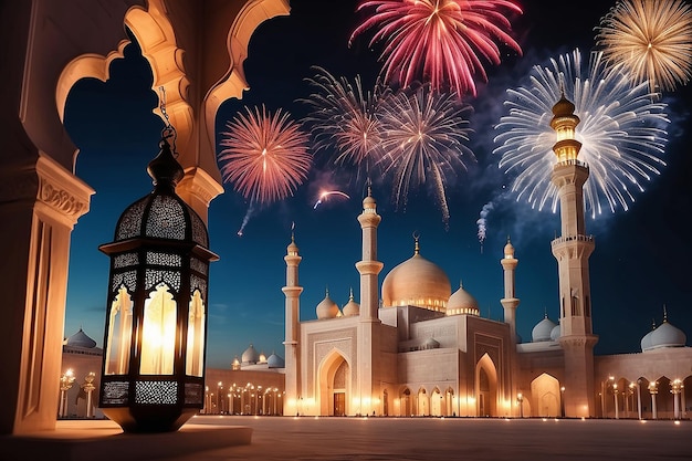 Photo photo ramadan kareem eid mubarak royal elegant lamp with mosque holy gate with fireworks
