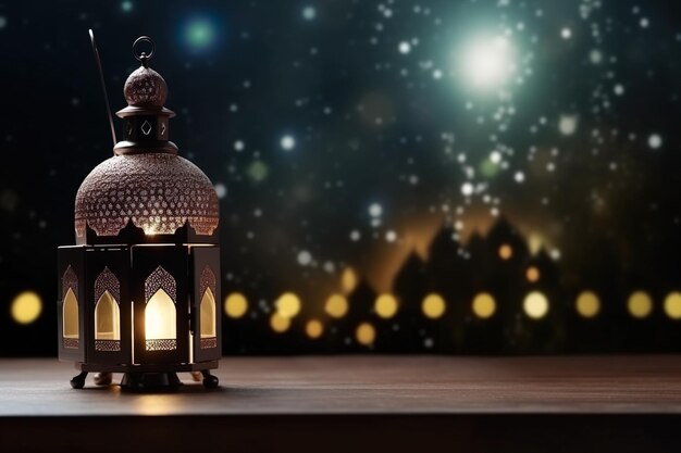 Photo of Ramadan Kareem lamps on bokeh and mosque background