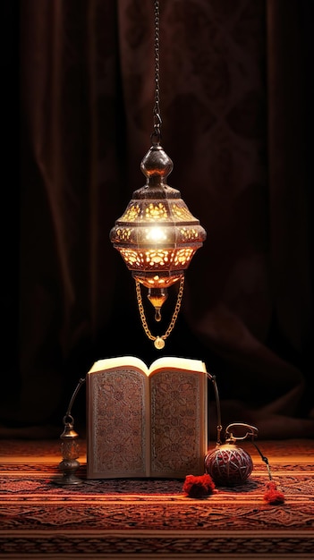 Foto ramadan foto kareem reale elegante lanterna e rosario con il santo corano su tavolo di legno