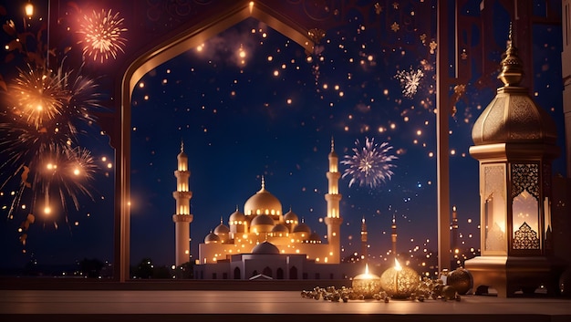 Photo ramadan kareen eid mubarak background with lamp mosque holy fireworks generative ai