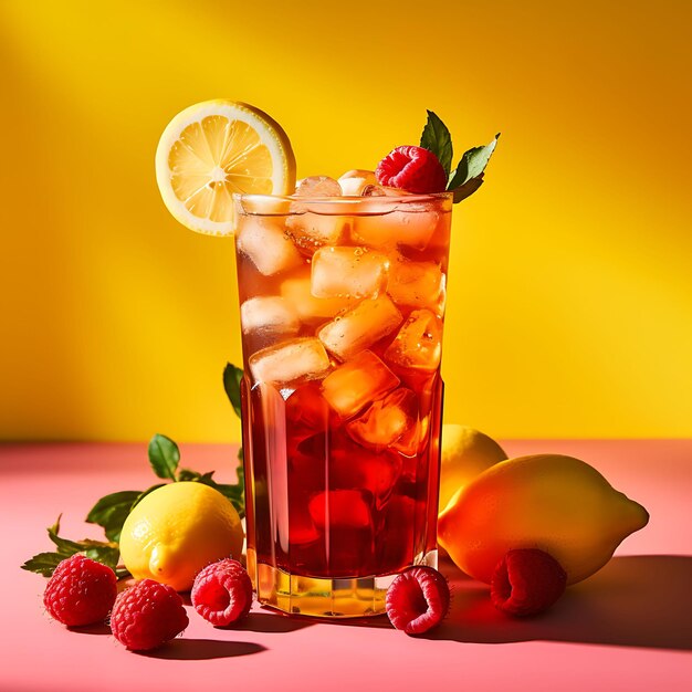 Photo of raspberry iced tea brewed tea infused wiphoto of raspberry syrup g front view clean bg