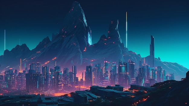 Photo raster illustration of the night modern city cyberpunk buildings AI Generated