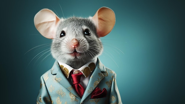 Foto una foto di un ratto che indossa un vestito su uno sfondo semplice