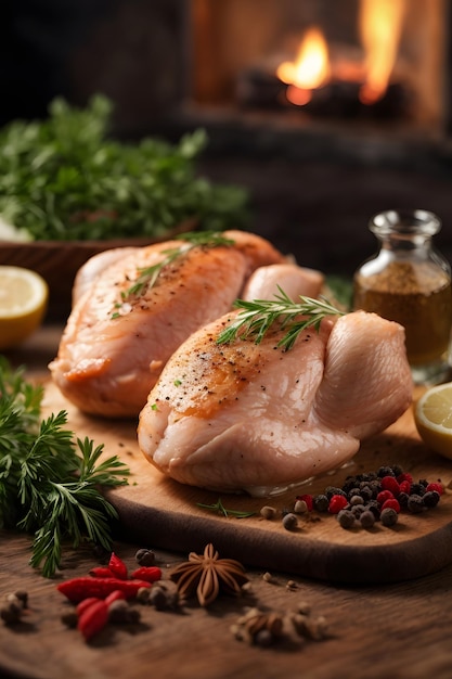 photo raw chicken meat prepared with spices on wooden board