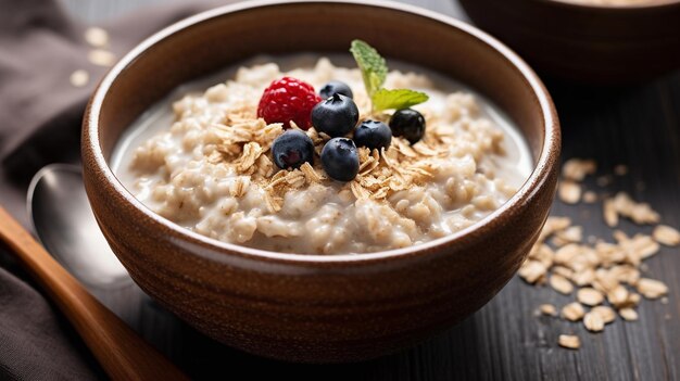 photo of raw oats grain and oatmeal bowl