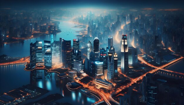 '시티 라이트 (City Lights) '의 실제 사진: 밤에 반이는 도시 스카이 라인 (City skyline) 은 인류의 기발함에 대한 증거입니다.