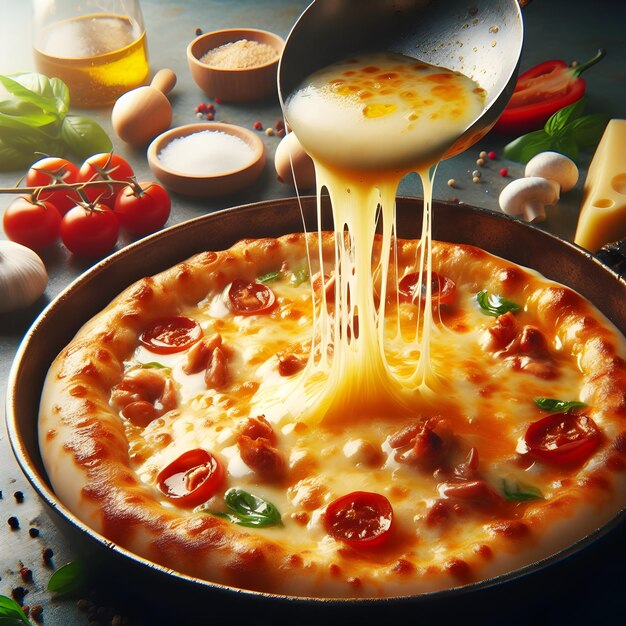 Photo real for Capturing the bubbling cheese on a piping hot pizza Closeup shots capturing the gooe