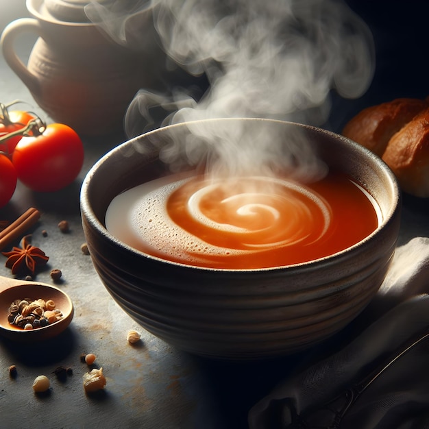 Photo real for Capturing the steam rising from a bowl of hearty soup Closeup shots highlighting the