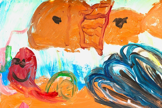 Photo photo of real draw painted by kindergarten preschool child watercolor gouache pencil mix colours concept art education class therapy inspirational hobby orange red fish underwater world cartoon