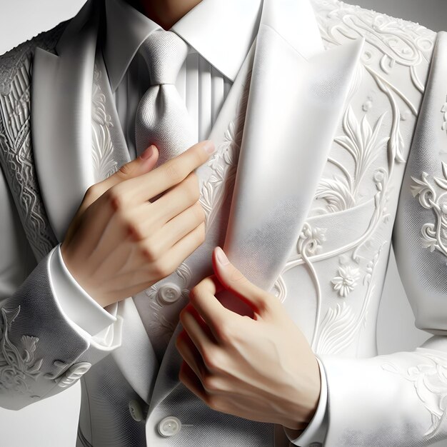 Photo real for Emphasizing the intricate stitching of the groom suit Closeup shots showcasing the f