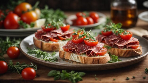 Photo Real Italian salami open sandwiches with tomatoes 1